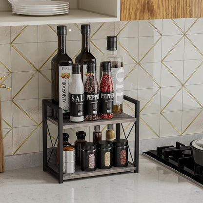 Countertop Shelf Organizer, 2 Tier Kitchen Spice Rack for Countertop, Wood Coffee Counter Shelf Organizer for Home (Brown, S)
