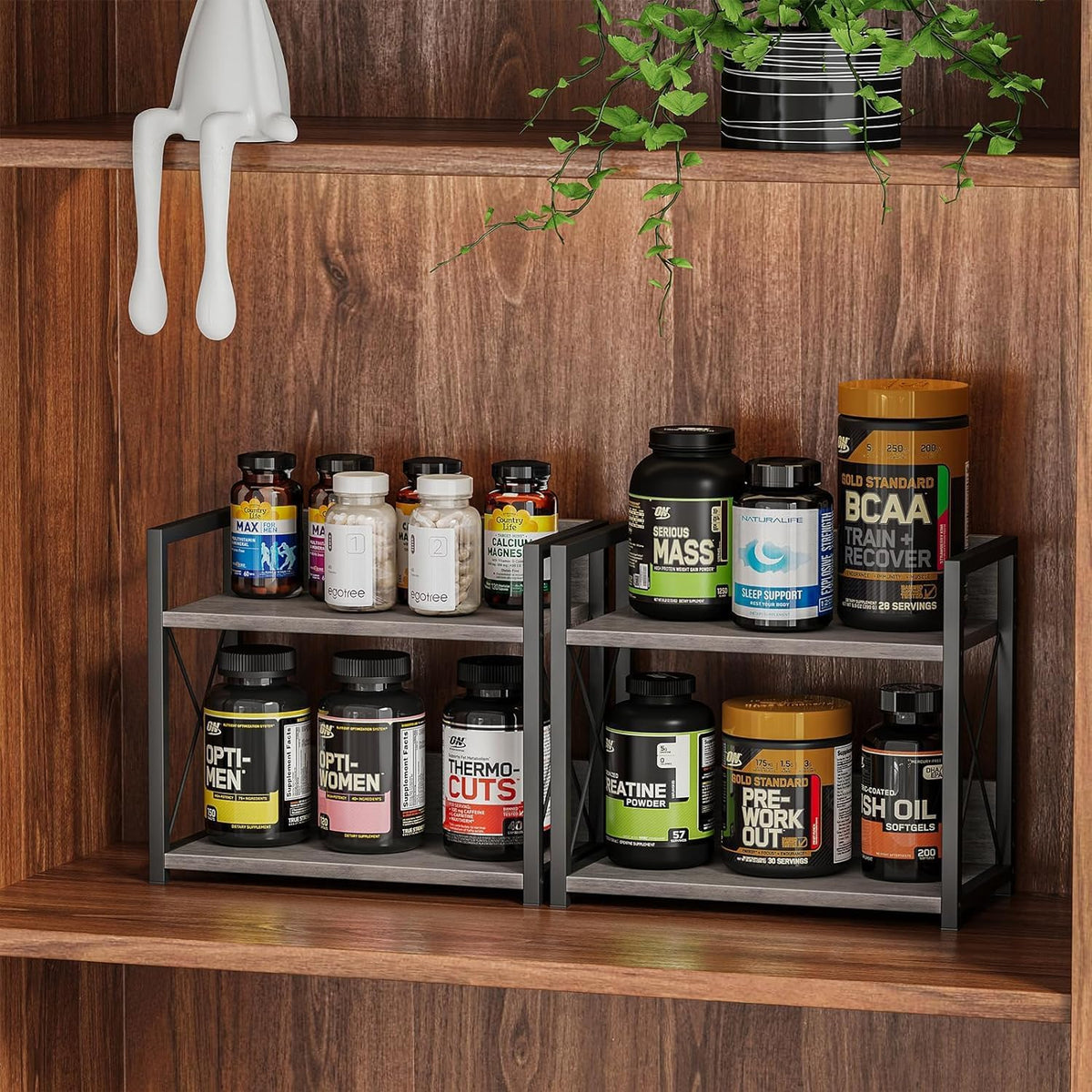 Countertop Shelf Organizer, 2 Tier Kitchen Spice Rack for Countertop, Wood Coffee Counter Shelf Organizer for Home (Brown, S)