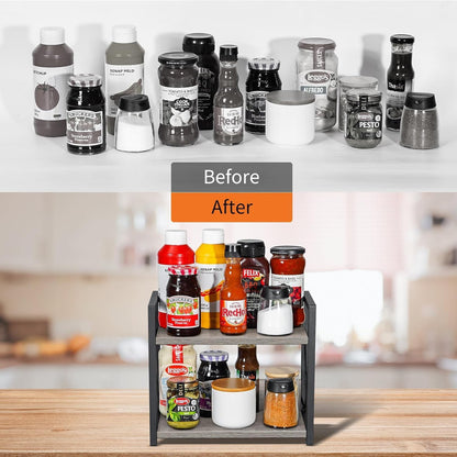 Countertop Shelf Organizer, 2 Tier Kitchen Spice Rack for Countertop, Wood Coffee Counter Shelf Organizer for Home (Brown, S)