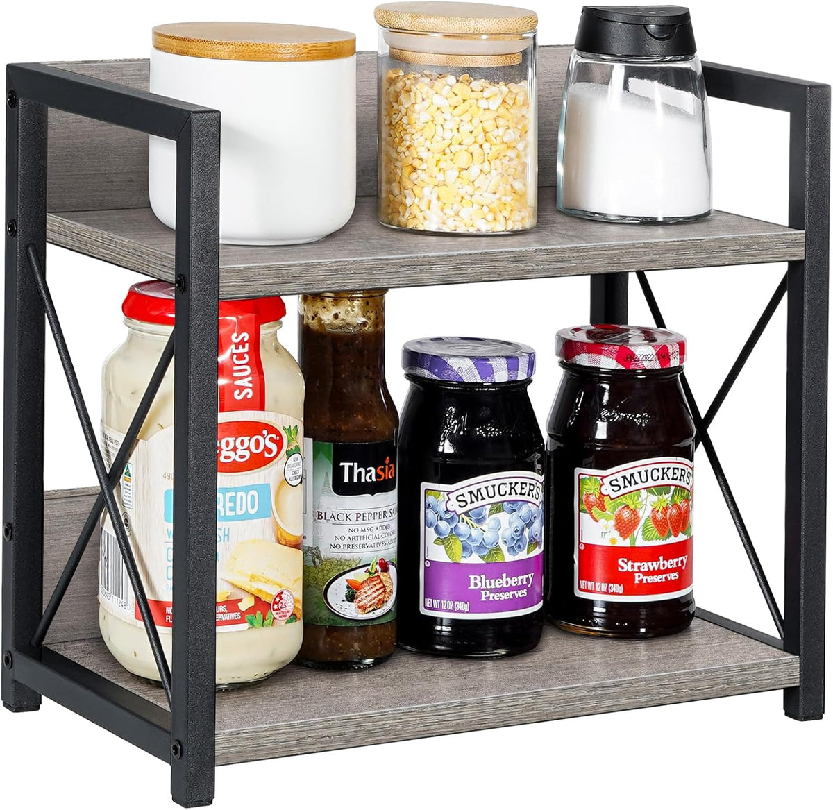 Countertop Shelf Organizer, 2 Tier Kitchen Spice Rack for Countertop, Wood Coffee Counter Shelf Organizer for Home (Brown, S)
