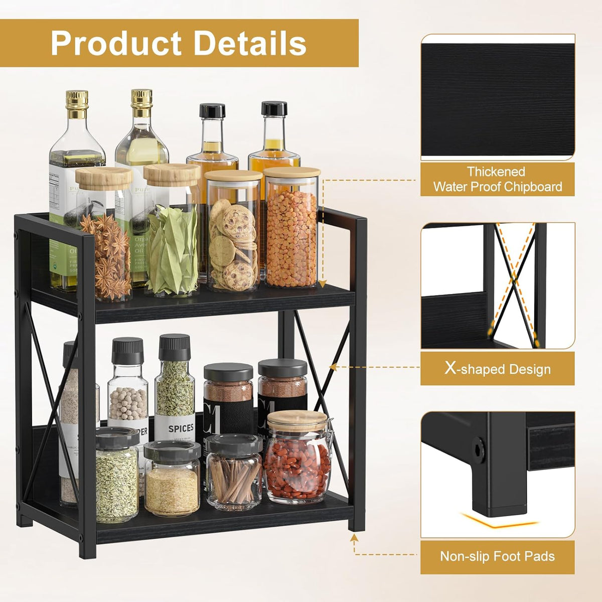 Countertop Shelf Organizer, 2 Tier Kitchen Spice Rack for Countertop, Wood Coffee Counter Shelf Organizer for Home (Brown, S)