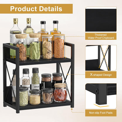 Countertop Shelf Organizer, 2 Tier Kitchen Spice Rack for Countertop, Wood Coffee Counter Shelf Organizer for Home (Brown, S)