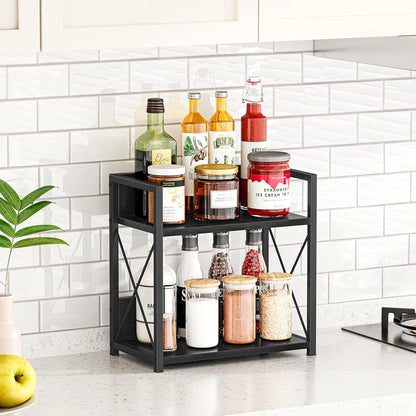 Countertop Shelf Organizer, 2 Tier Kitchen Spice Rack for Countertop, Wood Coffee Counter Shelf Organizer for Home (Brown, S)