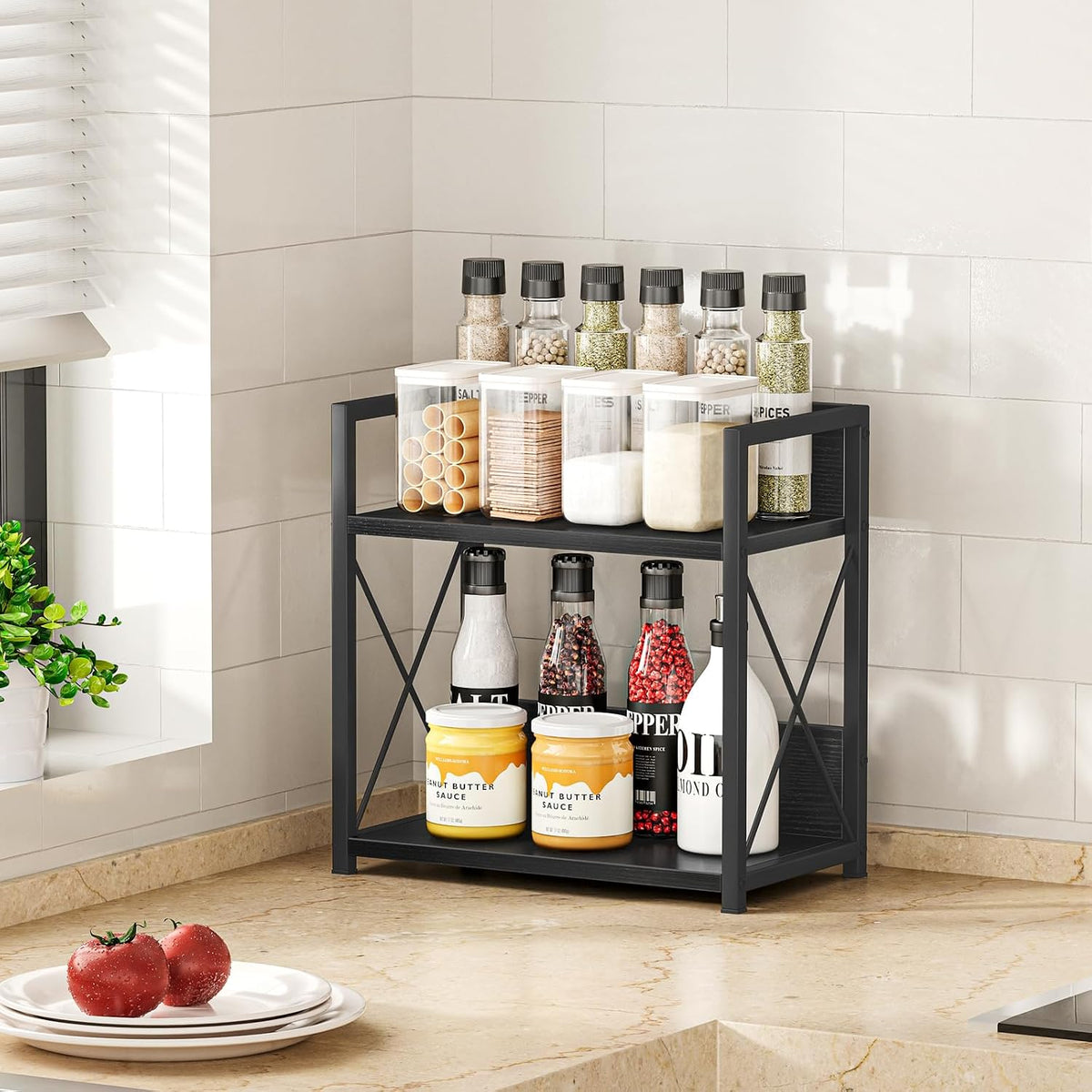 Countertop Shelf Organizer, 2 Tier Kitchen Spice Rack for Countertop, Wood Coffee Counter Shelf Organizer for Home (Brown, S)