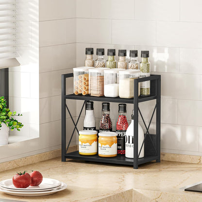 Countertop Shelf Organizer, 2 Tier Kitchen Spice Rack for Countertop, Wood Coffee Counter Shelf Organizer for Home (Brown, S)
