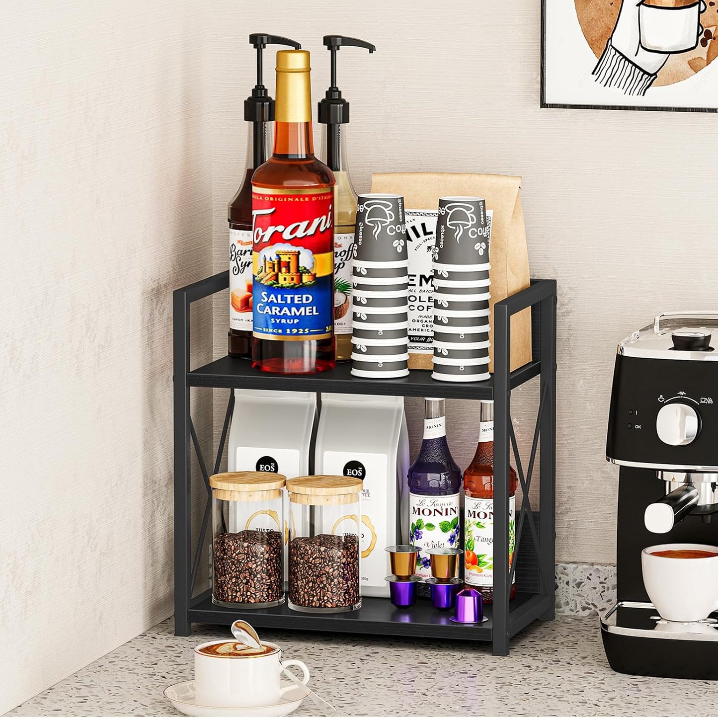 Countertop Shelf Organizer, 2 Tier Kitchen Spice Rack for Countertop, Wood Coffee Counter Shelf Organizer for Home (Brown, S)