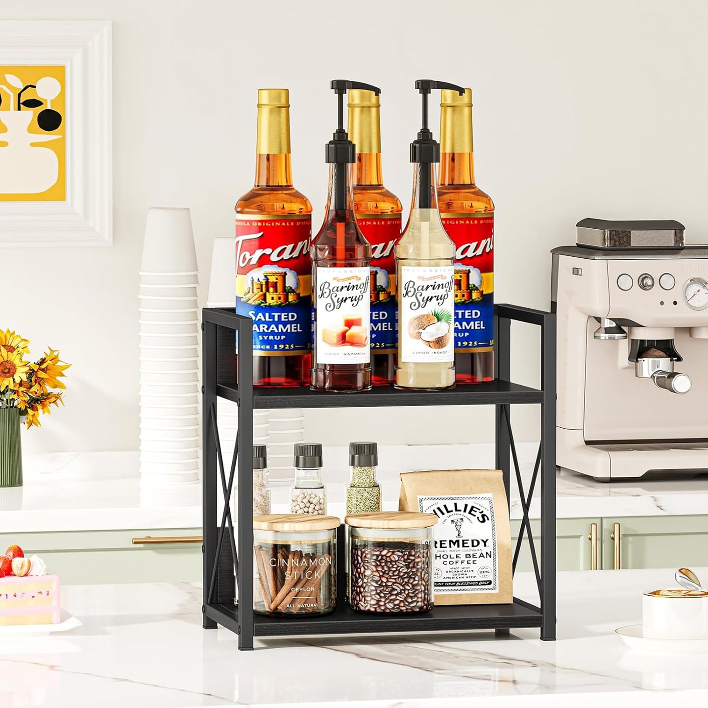Countertop Shelf Organizer, 2 Tier Kitchen Spice Rack for Countertop, Wood Coffee Counter Shelf Organizer for Home (Brown, S)