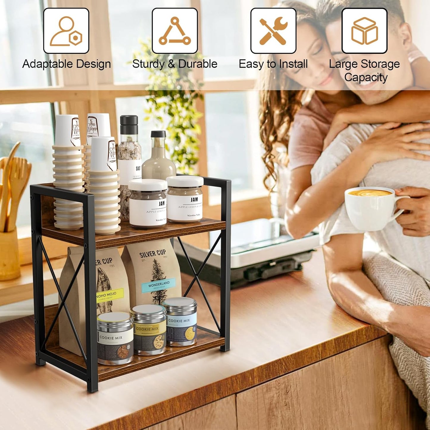 Countertop Shelf Organizer, 2 Tier Kitchen Spice Rack for Countertop, Wood Coffee Counter Shelf Organizer for Home (Brown, S)