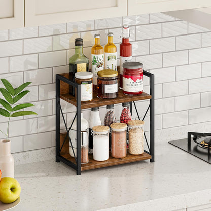 Countertop Shelf Organizer, 2 Tier Kitchen Spice Rack for Countertop, Wood Coffee Counter Shelf Organizer for Home (Brown, S)