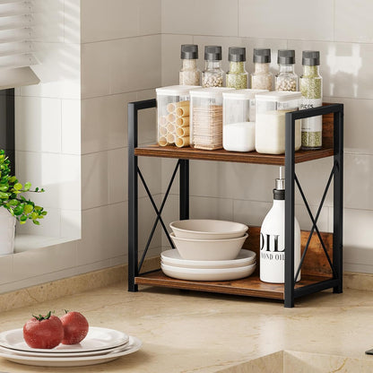 Countertop Shelf Organizer, 2 Tier Kitchen Spice Rack for Countertop, Wood Coffee Counter Shelf Organizer for Home (Brown, S)