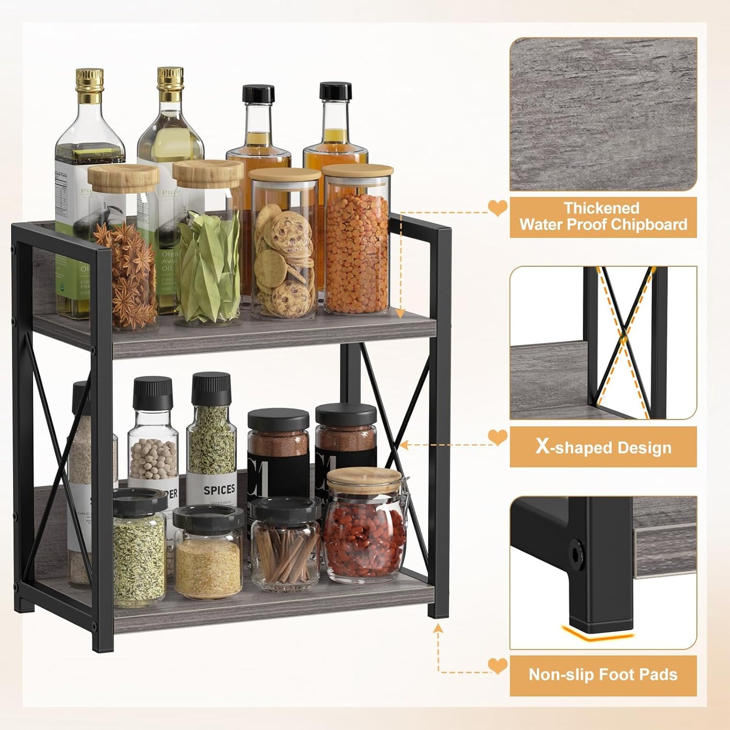 Countertop Shelf Organizer, 2 Tier Kitchen Spice Rack for Countertop, Wood Coffee Counter Shelf Organizer for Home (Brown, S)
