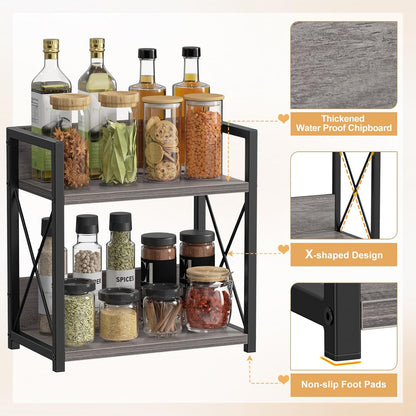 Countertop Shelf Organizer, 2 Tier Kitchen Spice Rack for Countertop, Wood Coffee Counter Shelf Organizer for Home (Brown, S)