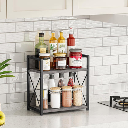 Countertop Shelf Organizer, 2 Tier Kitchen Spice Rack for Countertop, Wood Coffee Counter Shelf Organizer for Home (Brown, S)