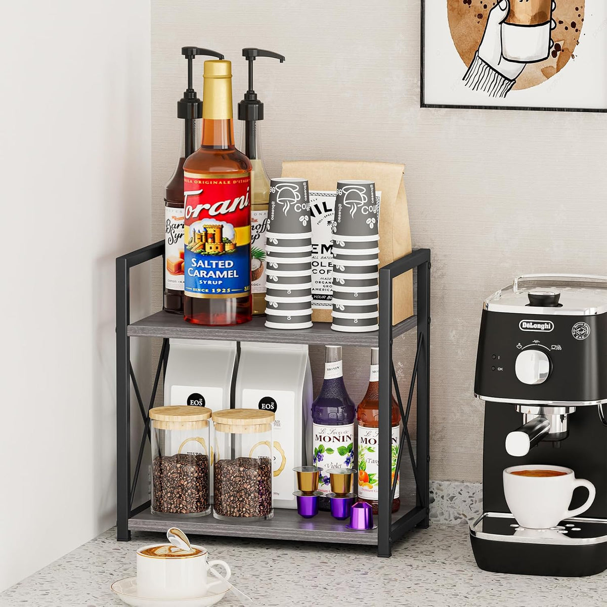 Countertop Shelf Organizer, 2 Tier Kitchen Spice Rack for Countertop, Wood Coffee Counter Shelf Organizer for Home (Brown, S)