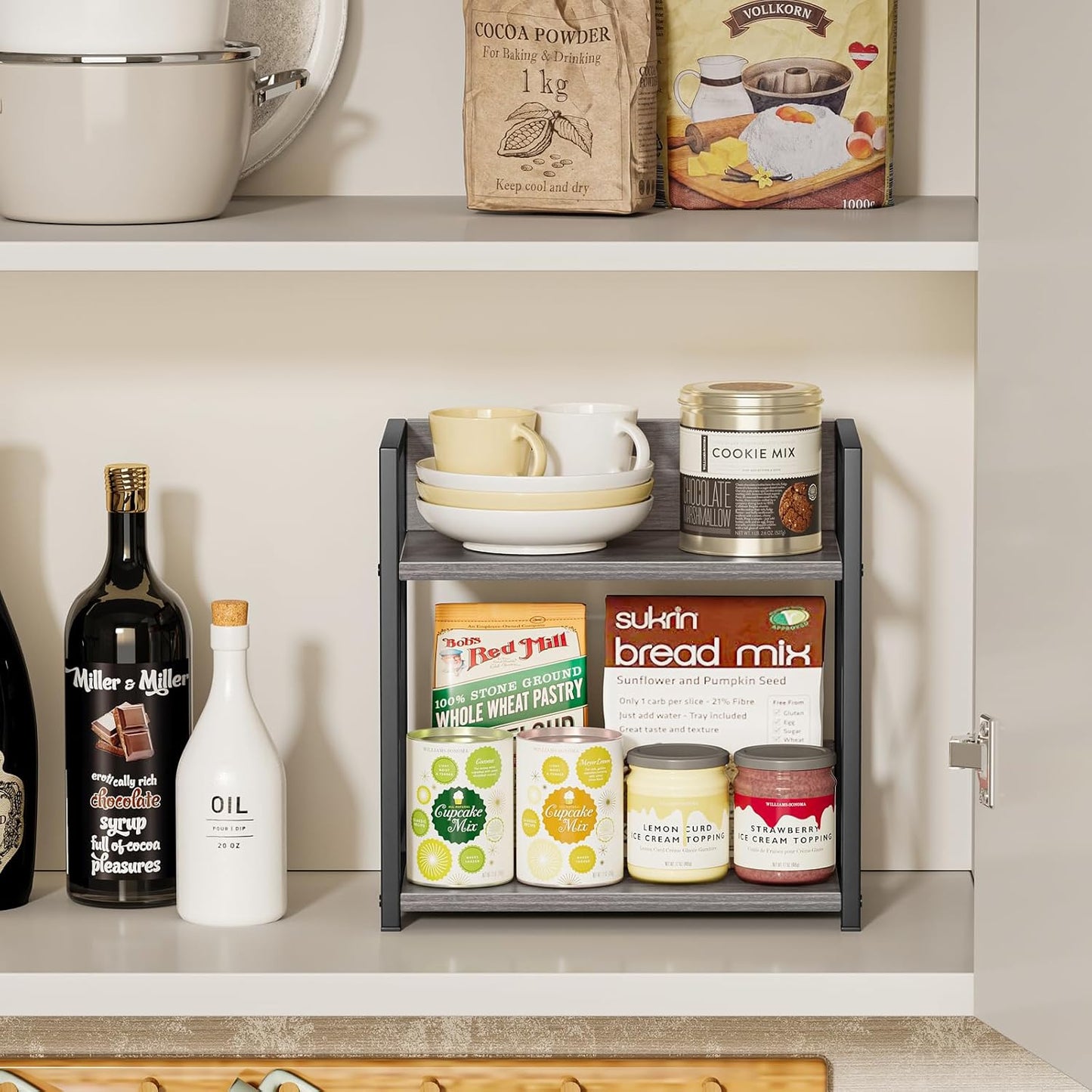 Countertop Shelf Organizer, 2 Tier Kitchen Spice Rack for Countertop, Wood Coffee Counter Shelf Organizer for Home (Brown, S)