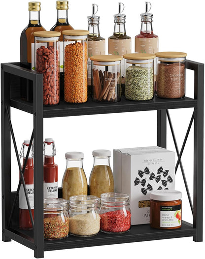 Countertop Shelf Organizer, 2 Tier Kitchen Spice Rack for Countertop, Wood Coffee Counter Shelf Organizer for Home (Brown, S)