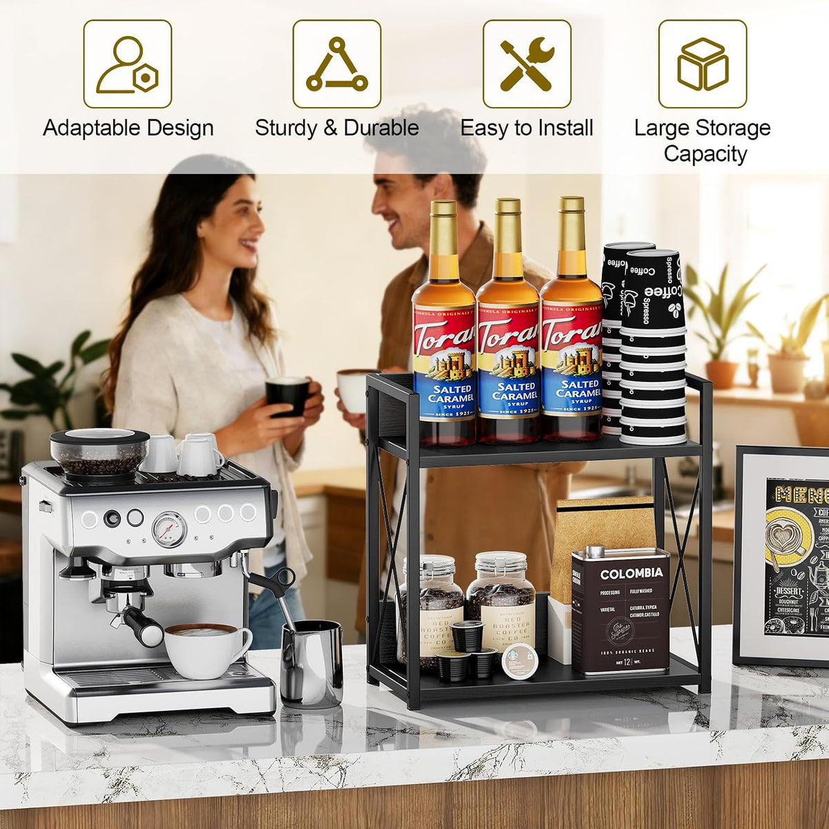 Countertop Shelf Organizer, 2 Tier Kitchen Spice Rack for Countertop, Wood Coffee Counter Shelf Organizer for Home (Brown, S)