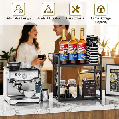 Countertop Shelf Organizer, 2 Tier Kitchen Spice Rack for Countertop, Wood Coffee Counter Shelf Organizer for Home (Brown, S)