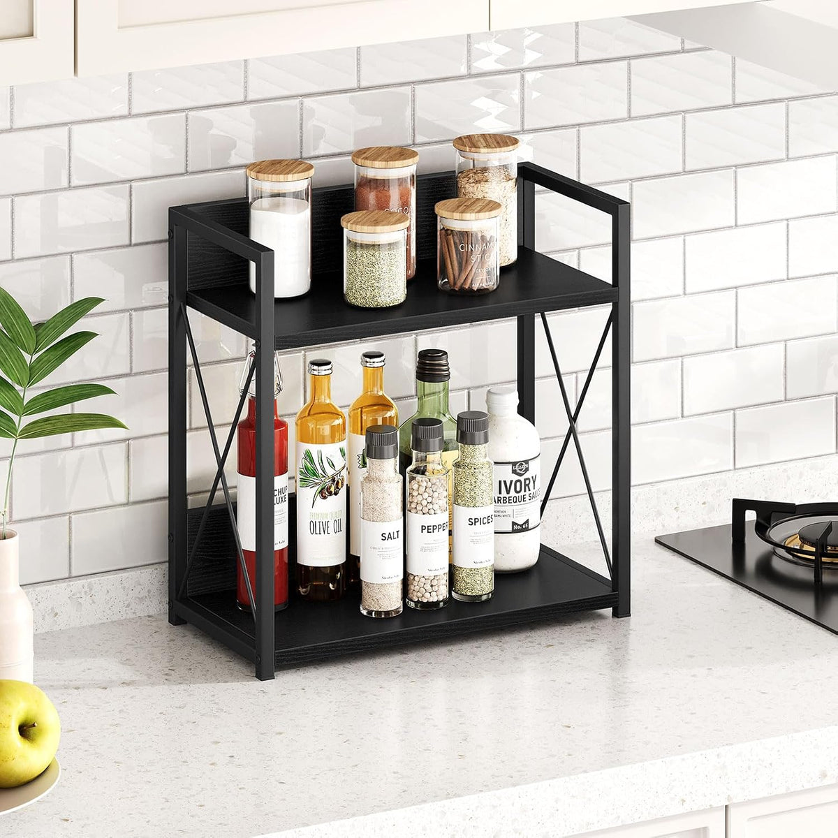 Countertop Shelf Organizer, 2 Tier Kitchen Spice Rack for Countertop, Wood Coffee Counter Shelf Organizer for Home (Brown, S)