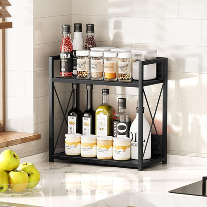 Countertop Shelf Organizer, 2 Tier Kitchen Spice Rack for Countertop, Wood Coffee Counter Shelf Organizer for Home (Brown, S)