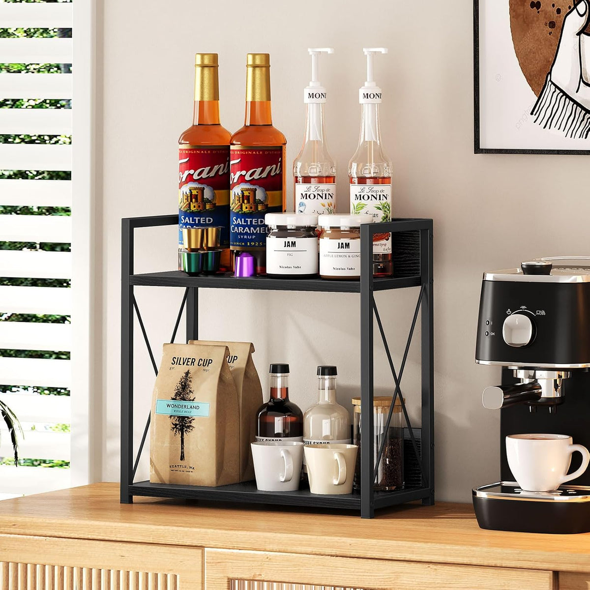 Countertop Shelf Organizer, 2 Tier Kitchen Spice Rack for Countertop, Wood Coffee Counter Shelf Organizer for Home (Brown, S)