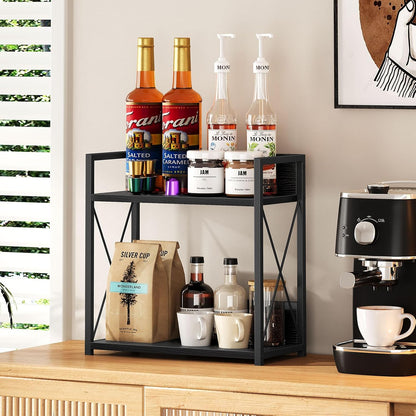 Countertop Shelf Organizer, 2 Tier Kitchen Spice Rack for Countertop, Wood Coffee Counter Shelf Organizer for Home (Brown, S)