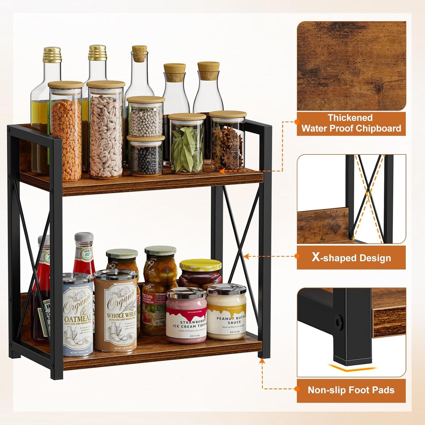 Countertop Shelf Organizer, 2 Tier Kitchen Spice Rack for Countertop, Wood Coffee Counter Shelf Organizer for Home (Brown, S)
