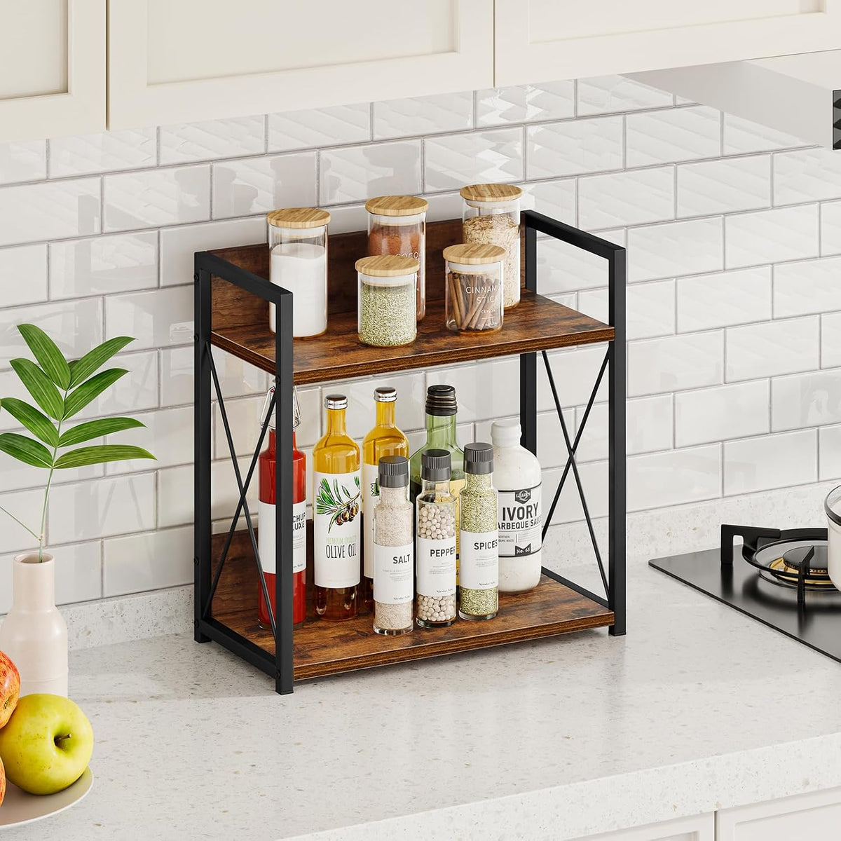Countertop Shelf Organizer, 2 Tier Kitchen Spice Rack for Countertop, Wood Coffee Counter Shelf Organizer for Home (Brown, S)