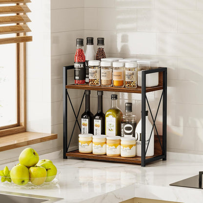 Countertop Shelf Organizer, 2 Tier Kitchen Spice Rack for Countertop, Wood Coffee Counter Shelf Organizer for Home (Brown, S)