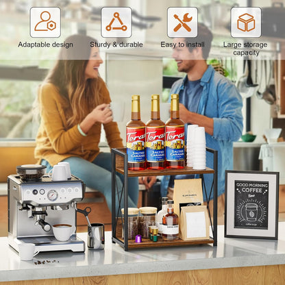 Countertop Shelf Organizer, 2 Tier Kitchen Spice Rack for Countertop, Wood Coffee Counter Shelf Organizer for Home (Brown, S)