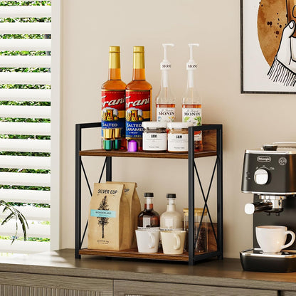 Countertop Shelf Organizer, 2 Tier Kitchen Spice Rack for Countertop, Wood Coffee Counter Shelf Organizer for Home (Brown, S)