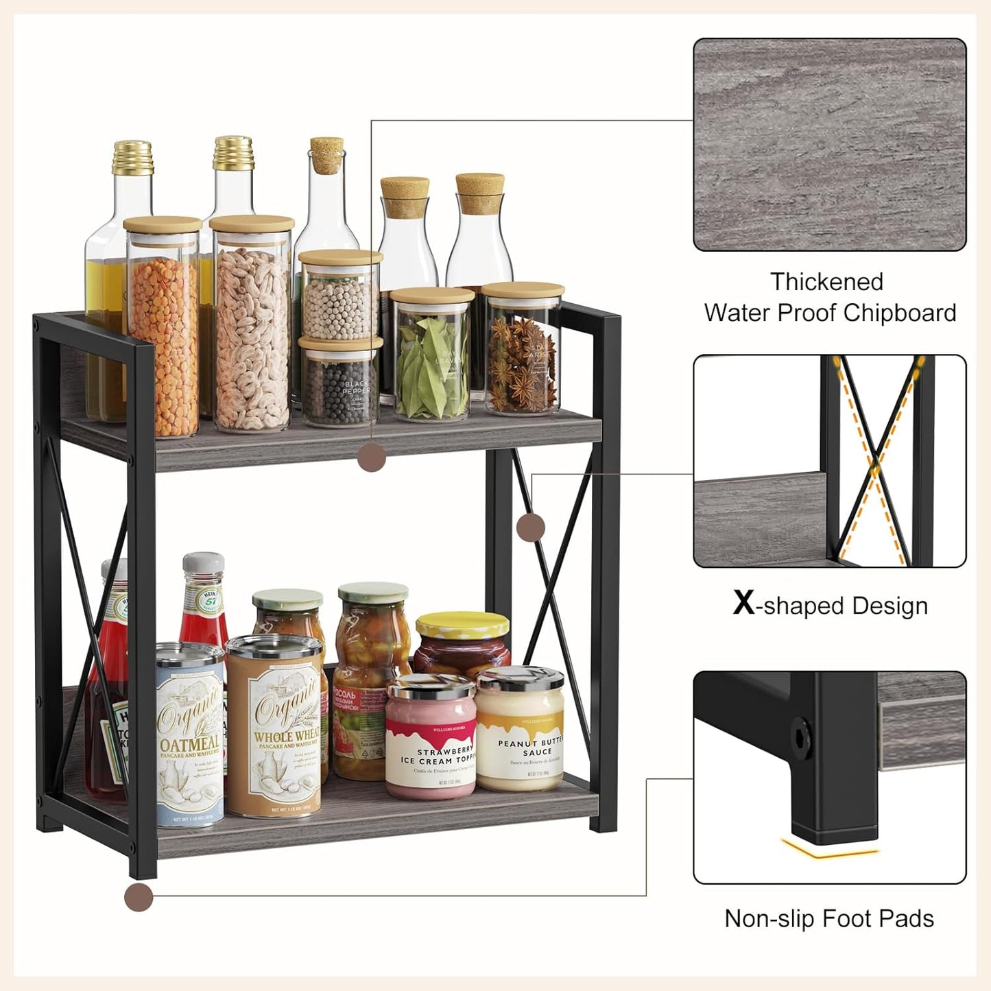 Countertop Shelf Organizer, 2 Tier Kitchen Spice Rack for Countertop, Wood Coffee Counter Shelf Organizer for Home (Brown, S)