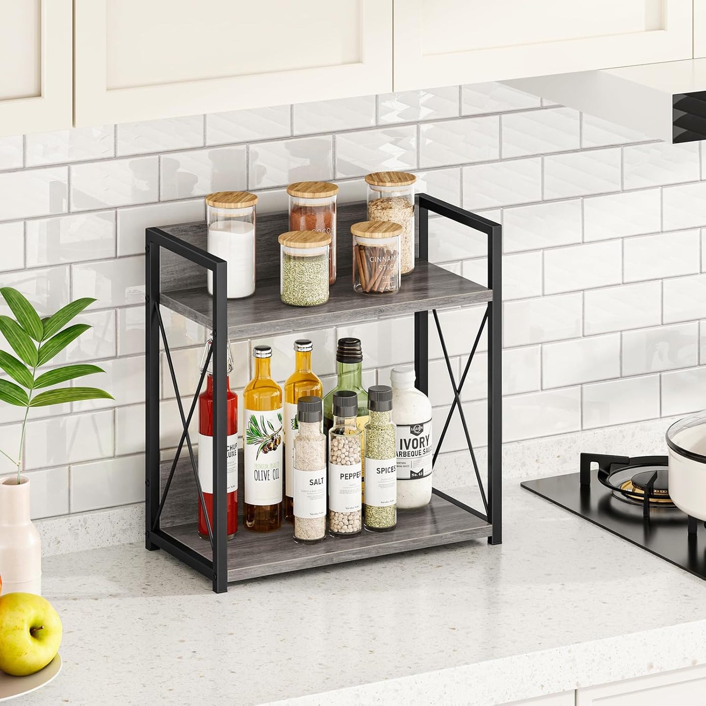 Countertop Shelf Organizer, 2 Tier Kitchen Spice Rack for Countertop, Wood Coffee Counter Shelf Organizer for Home (Brown, S)