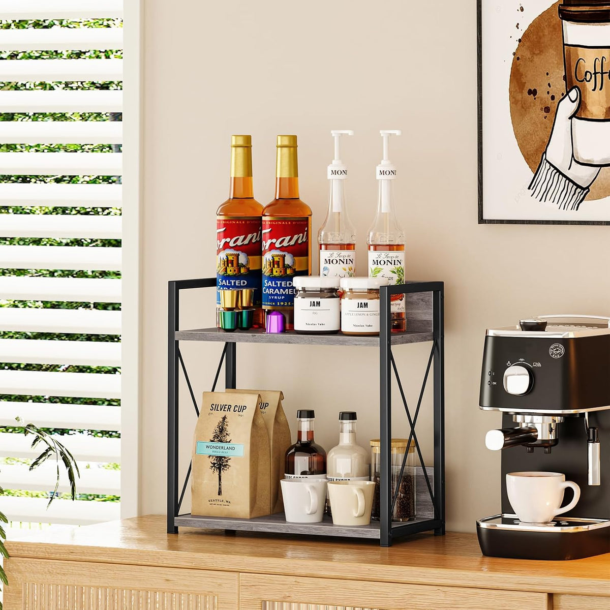 Countertop Shelf Organizer, 2 Tier Kitchen Spice Rack for Countertop, Wood Coffee Counter Shelf Organizer for Home (Brown, S)
