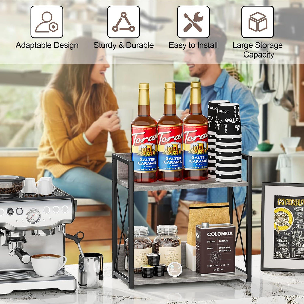 Countertop Shelf Organizer, 2 Tier Kitchen Spice Rack for Countertop, Wood Coffee Counter Shelf Organizer for Home (Brown, S)