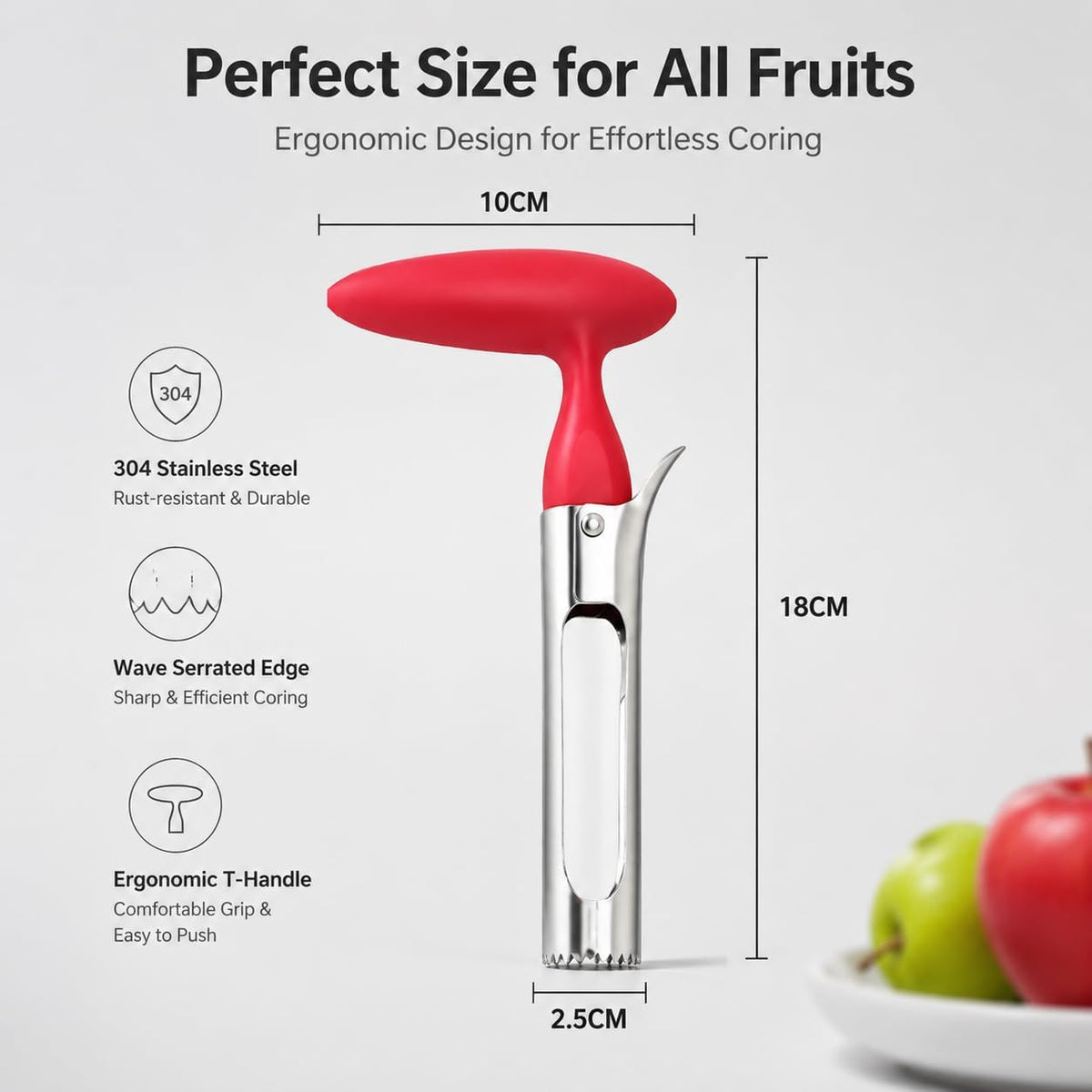 Stainless Steel Apple Corer, Red T-Handle