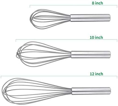Stainless Steel Whisks with 3 Packs 8"+10"+12" Kitchen Whisk Set Kitchen Whip Kitchen Utensils Wire Whisk Balloon Whisk Set for Blending Whisking Beating and Stirring
