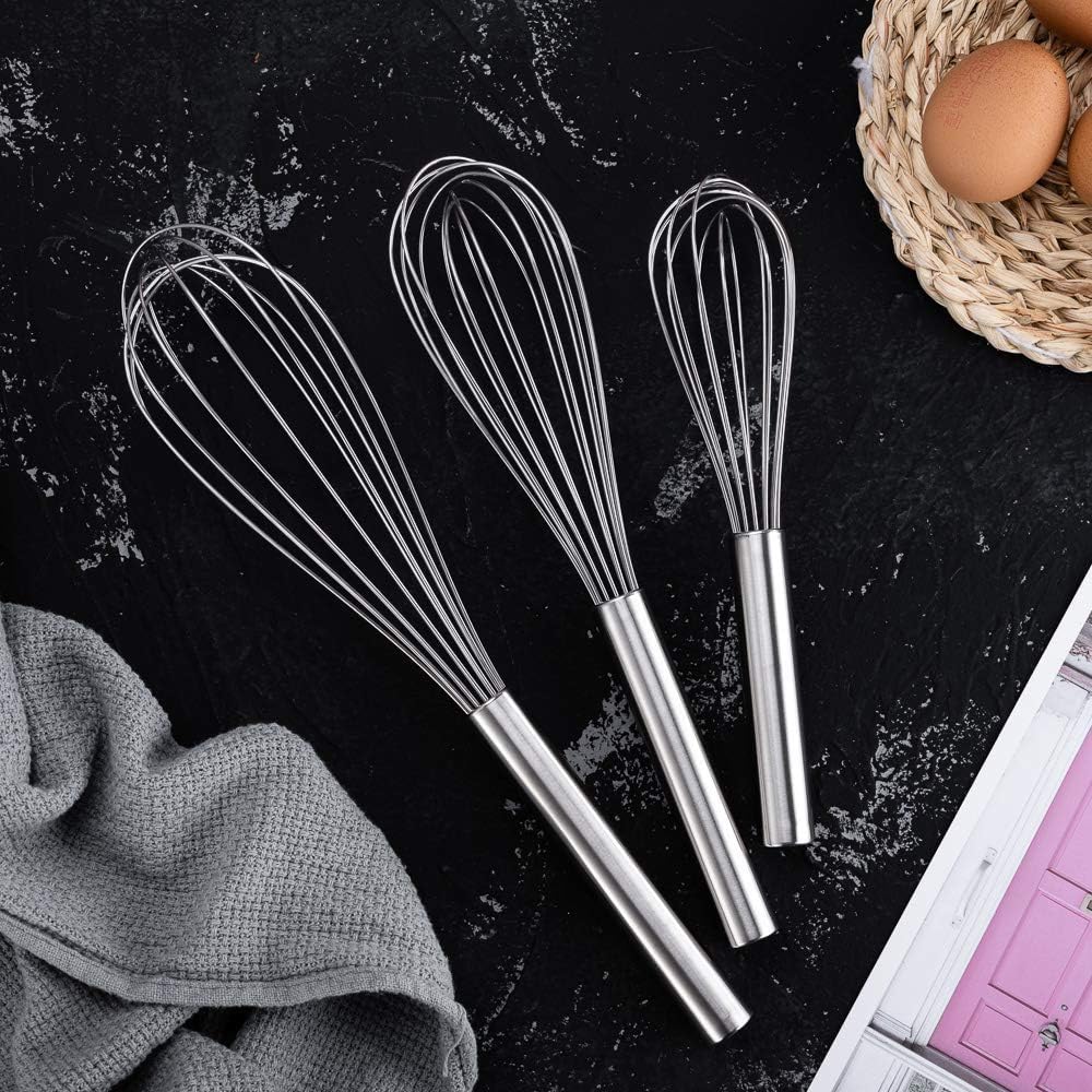 Stainless Steel Whisks with 3 Packs 8"+10"+12" Kitchen Whisk Set Kitchen Whip Kitchen Utensils Wire Whisk Balloon Whisk Set for Blending Whisking Beating and Stirring