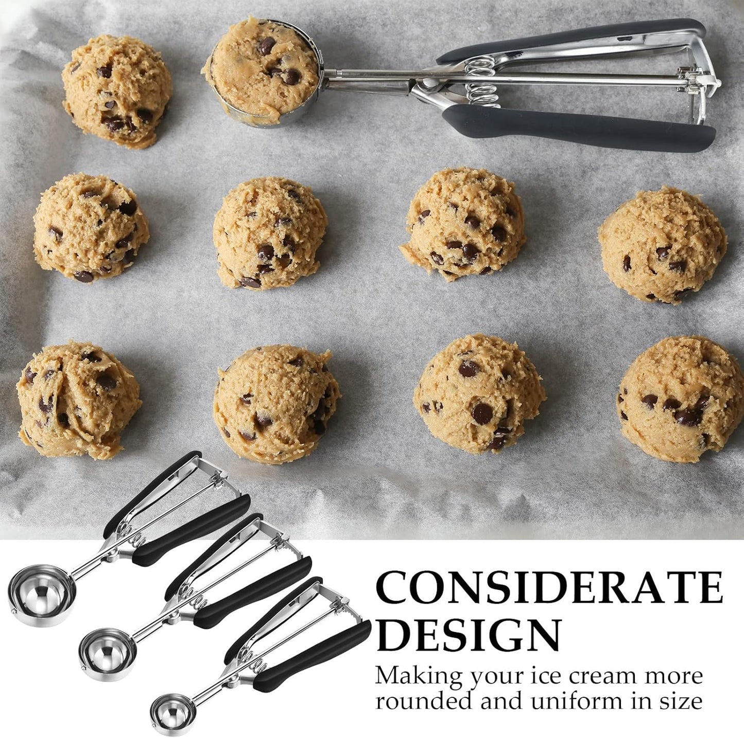 4 Pcs Cookie Scoop Set Ice Cream Scooper Cookie Scoops for Baking Include 1/2 /3/4 Tbsp Stainless Steel Scooper with Trigger Release for Baking Cupcake Protein Balls Meatballs Muffin