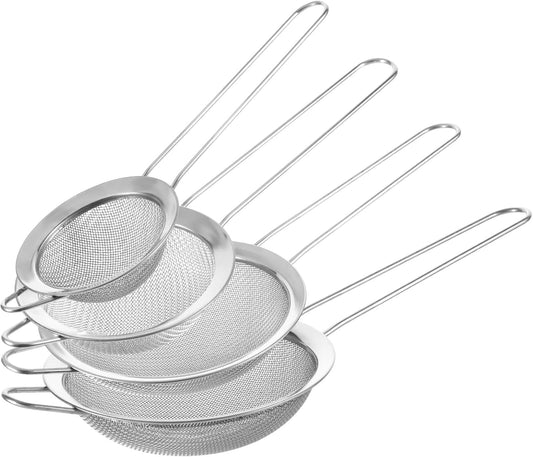 4 Pcs Stainless Steel Fine Mesh Strainer 4 Sizes Small Sieves with Handles Versatile Kitchen Strainer for Steeping Loose Leaf Tea Straining Cocktail Juice and Sifting Flour Sugar