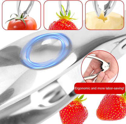 Strawberry Huller, 304 Stainless Steel Fruit Tomato Picker Stem Top Corer Remover with Safety Lock Ergonomic Non-Slip Handle Multi Function Coring Tool & Kitchen Gadget Cutter Knife