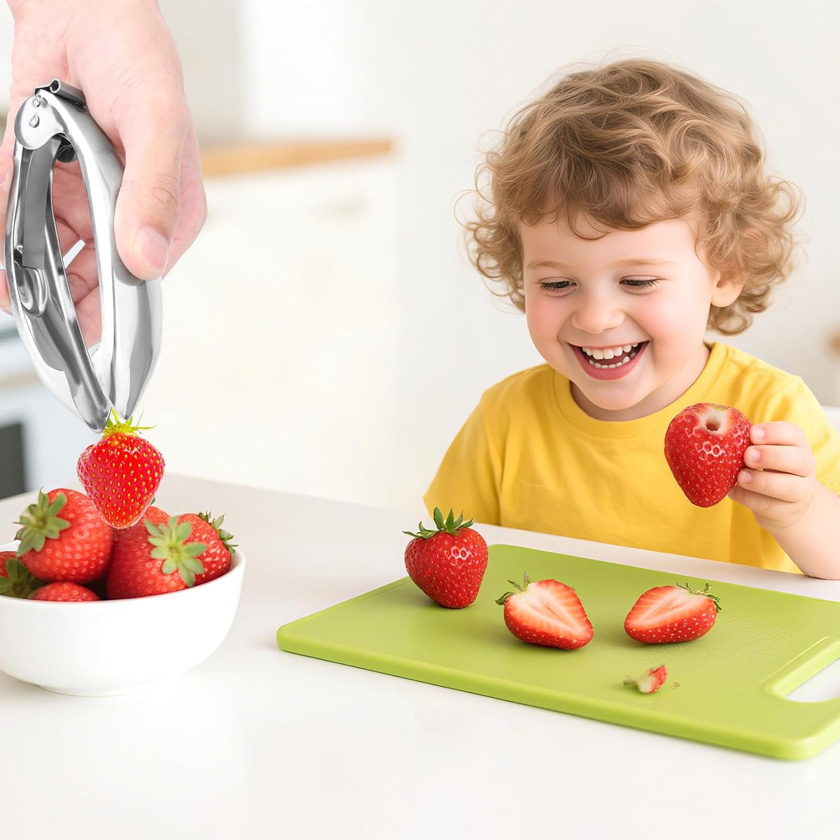 Strawberry Huller, 304 Stainless Steel Fruit Tomato Picker Stem Top Corer Remover with Safety Lock Ergonomic Non-Slip Handle Multi Function Coring Tool & Kitchen Gadget Cutter Knife