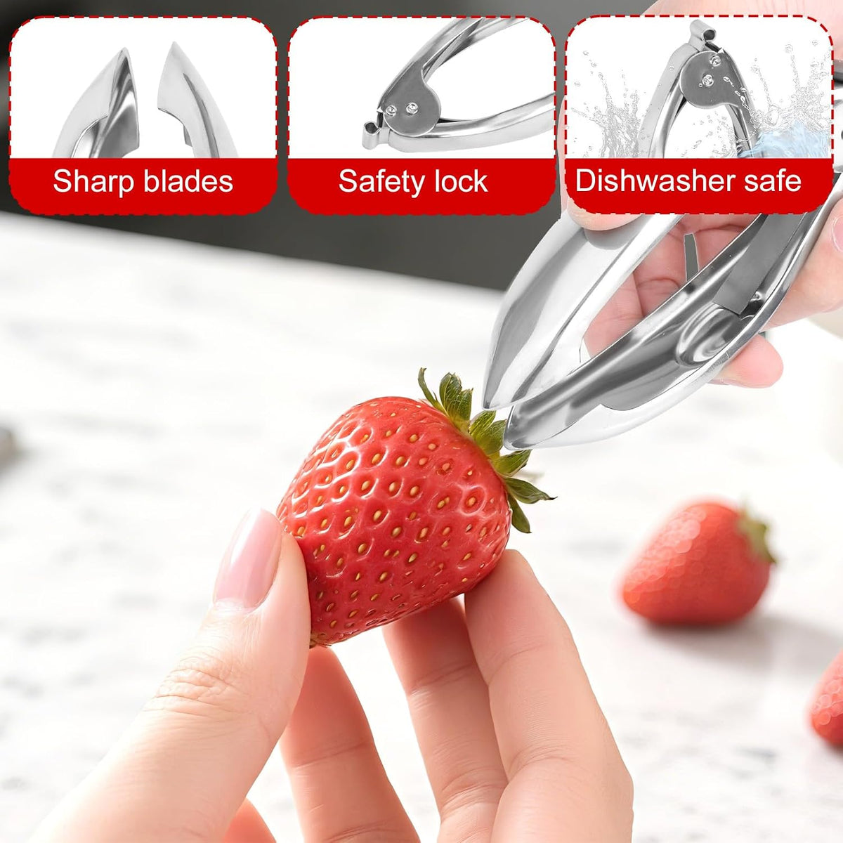 Strawberry Huller, 304 Stainless Steel Fruit Tomato Picker Stem Top Corer Remover with Safety Lock Ergonomic Non-Slip Handle Multi Function Coring Tool & Kitchen Gadget Cutter Knife