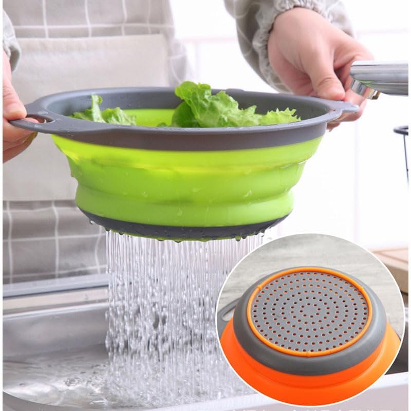 Collapsible Colander Set of 2, Space Saving Foldable Kitchen Strainer Baskets with Non-Slip Base, Thickened PP+TPE Collapsible Strainers for Pasta, Vegetables, Fruits, Rice (Green)