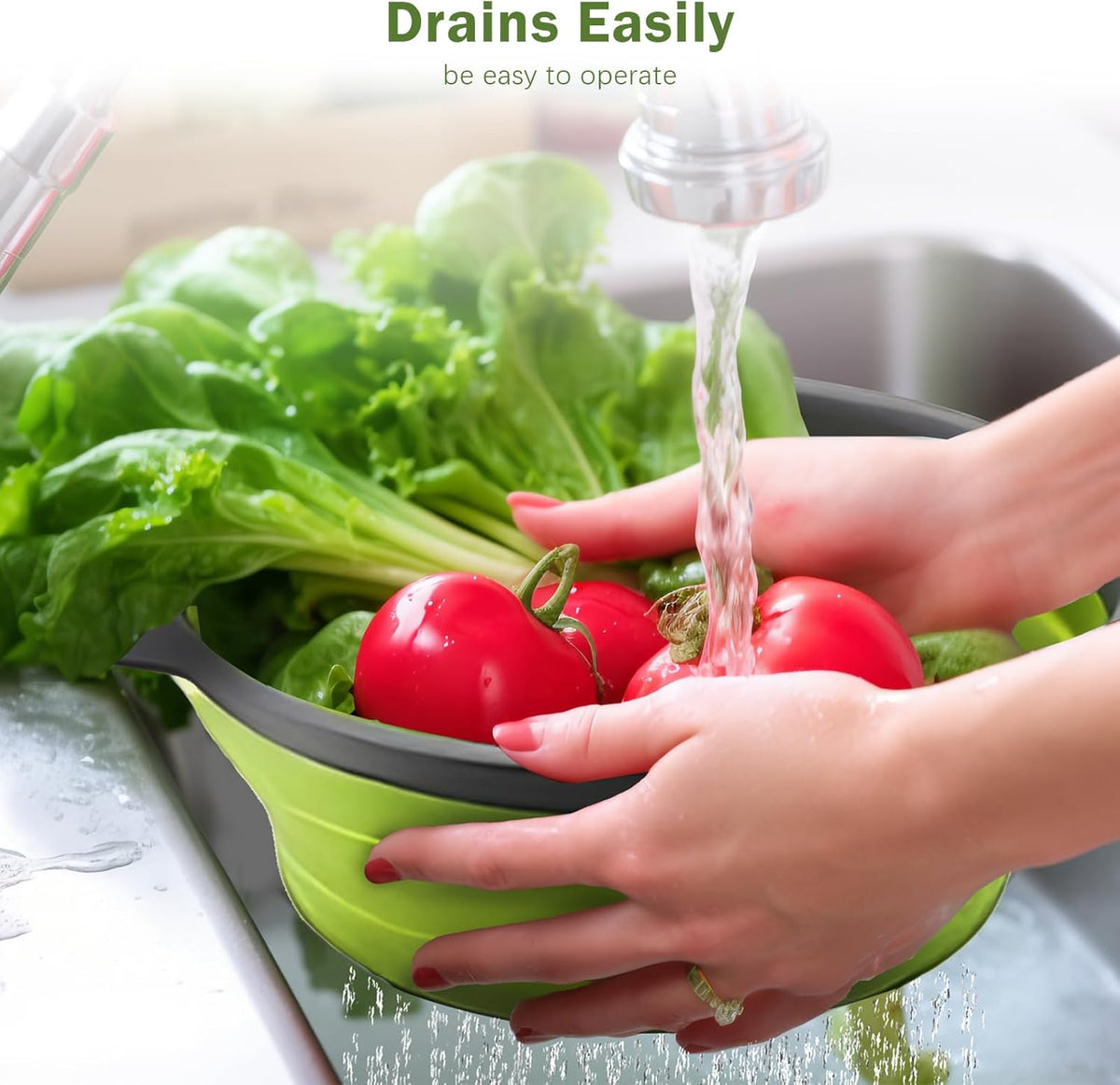 Collapsible Colander Set of 2, Space Saving Foldable Kitchen Strainer Baskets with Non-Slip Base, Thickened PP+TPE Collapsible Strainers for Pasta, Vegetables, Fruits, Rice (Green)