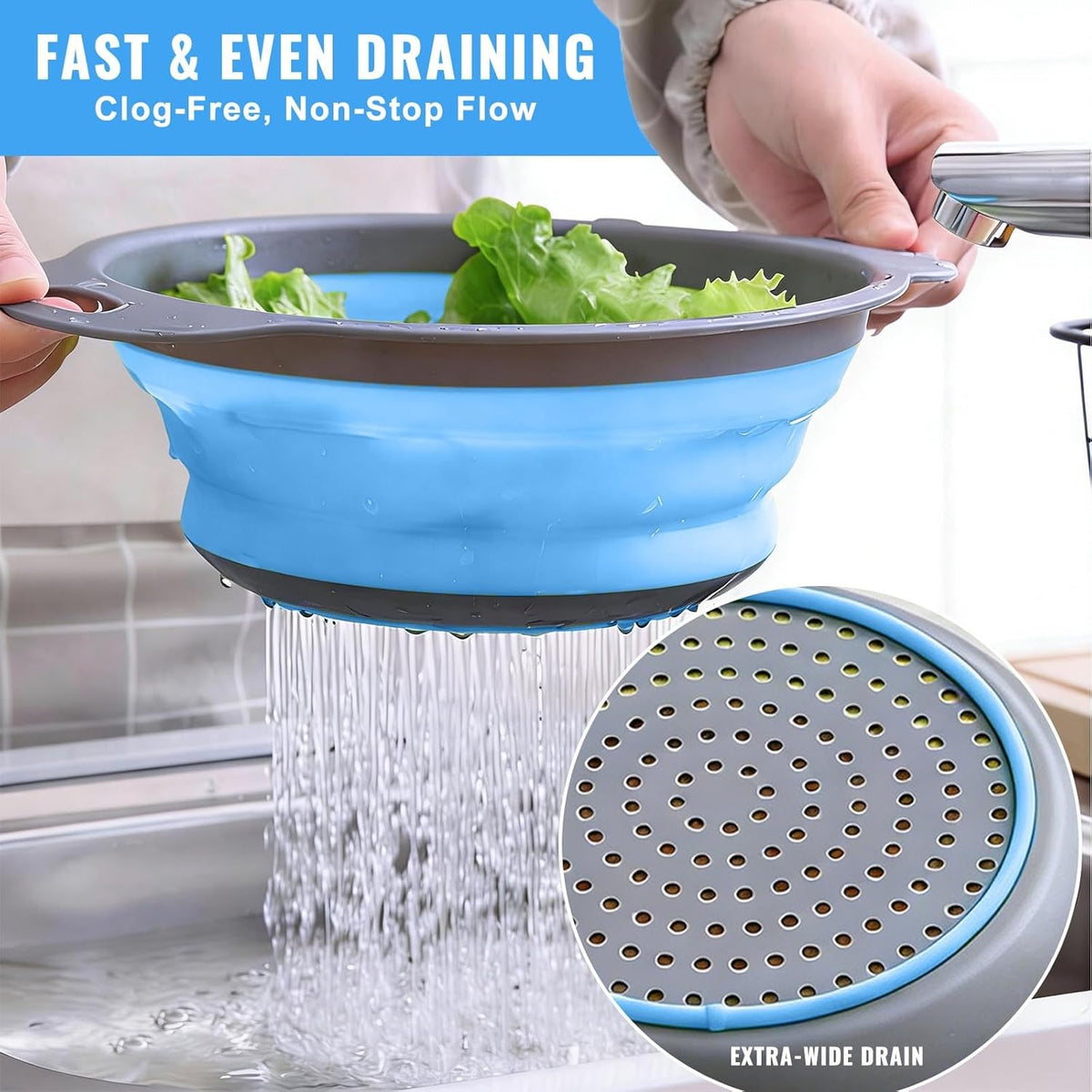 Collapsible Colander Set of 2, Space Saving Foldable Kitchen Strainer Baskets with Non-Slip Base, Thickened PP+TPE Collapsible Strainers for Pasta, Vegetables, Fruits, Rice (Green)