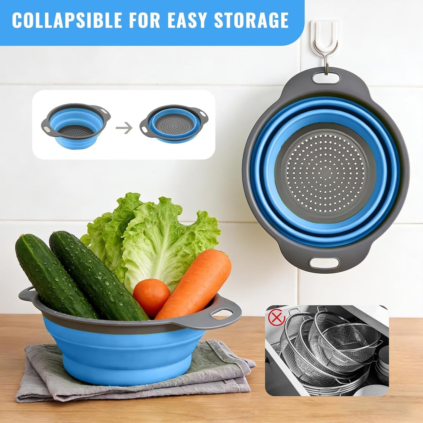 Collapsible Colander Set of 2, Space Saving Foldable Kitchen Strainer Baskets with Non-Slip Base, Thickened PP+TPE Collapsible Strainers for Pasta, Vegetables, Fruits, Rice (Green)