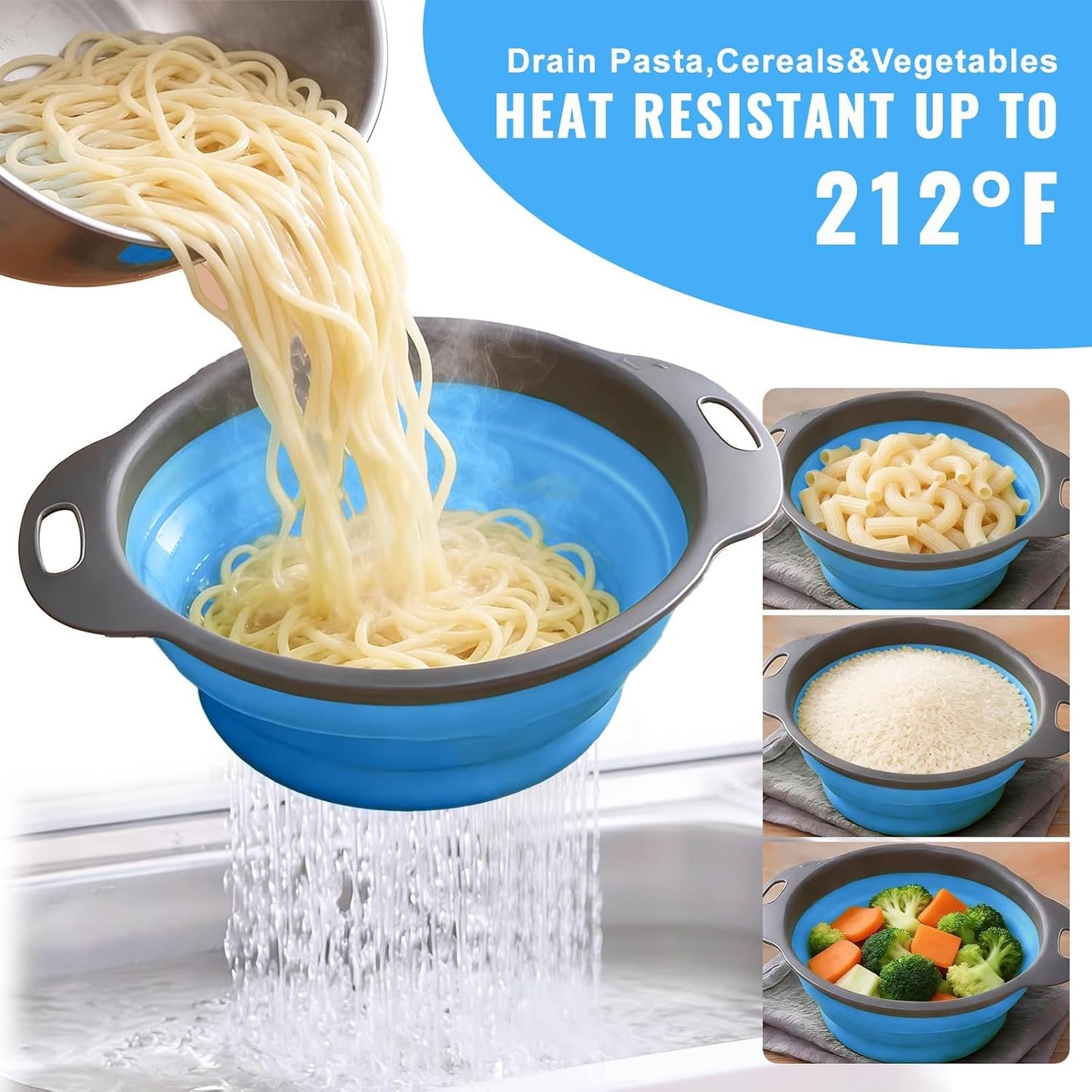 Collapsible Colander Set of 2, Space Saving Foldable Kitchen Strainer Baskets with Non-Slip Base, Thickened PP+TPE Collapsible Strainers for Pasta, Vegetables, Fruits, Rice (Green)