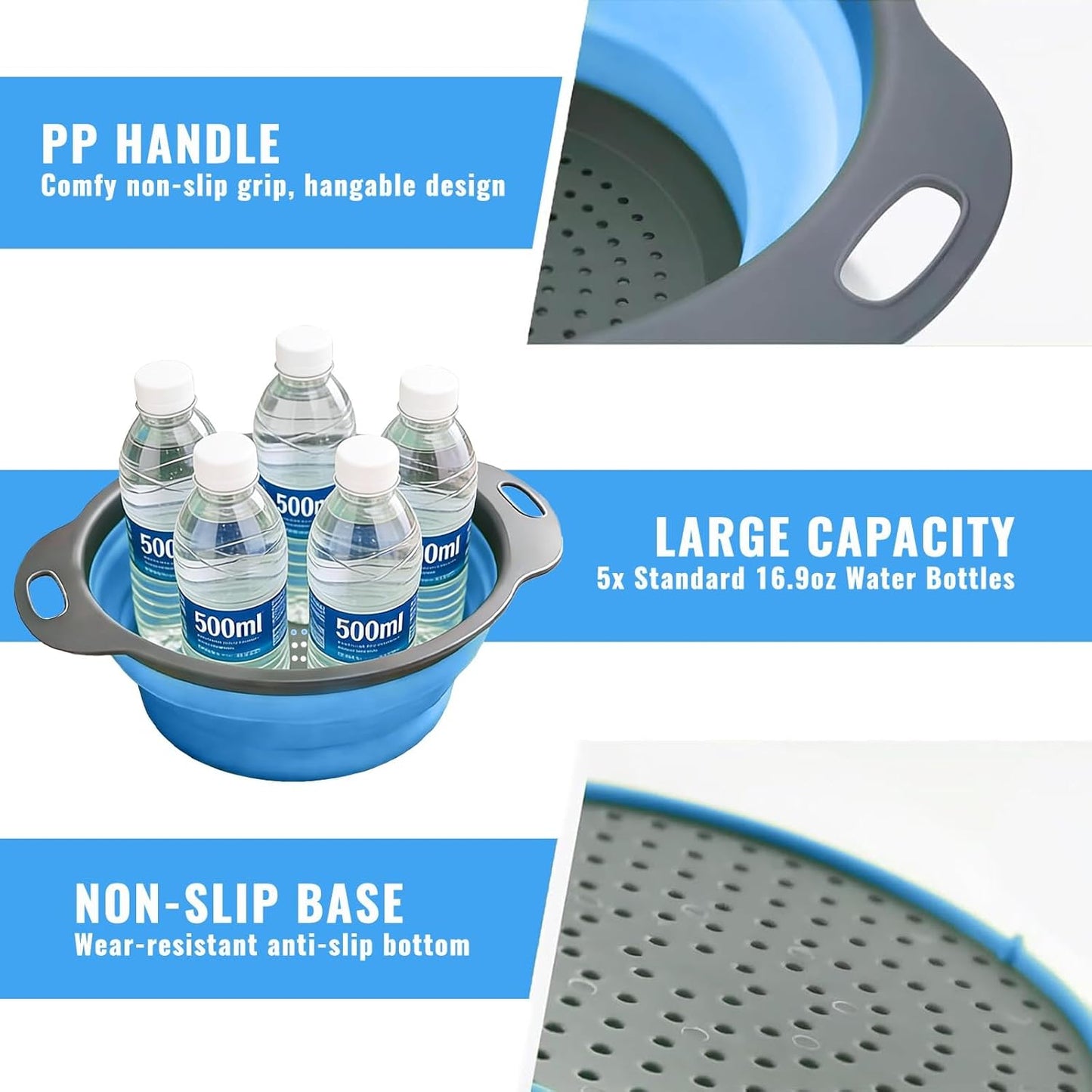 Collapsible Colander Set of 2, Space Saving Foldable Kitchen Strainer Baskets with Non-Slip Base, Thickened PP+TPE Collapsible Strainers for Pasta, Vegetables, Fruits, Rice (Green)