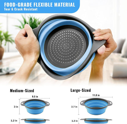 Collapsible Colander Set of 2, Space Saving Foldable Kitchen Strainer Baskets with Non-Slip Base, Thickened PP+TPE Collapsible Strainers for Pasta, Vegetables, Fruits, Rice (Green)